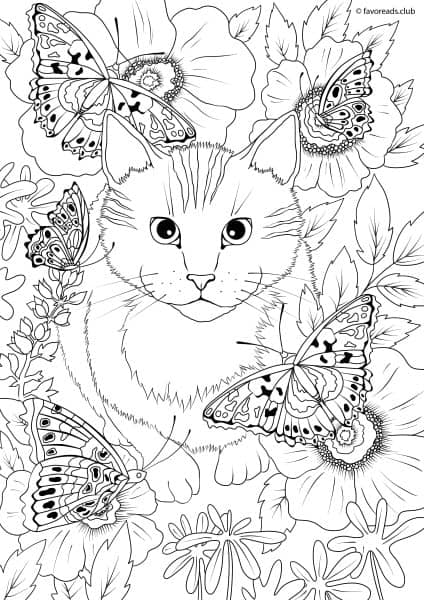 The World of Butterflies - Cat and Butterflies - Printable Adult
