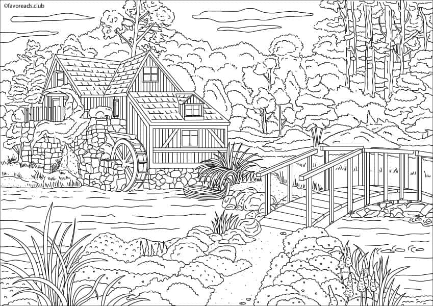 Download Country Spring - House with a Mill - Printable Adult Coloring Pages from Favoreads