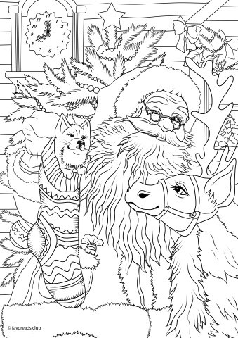 Cats and Dogs - Santa and his Friends - Printable Adult Coloring Pages